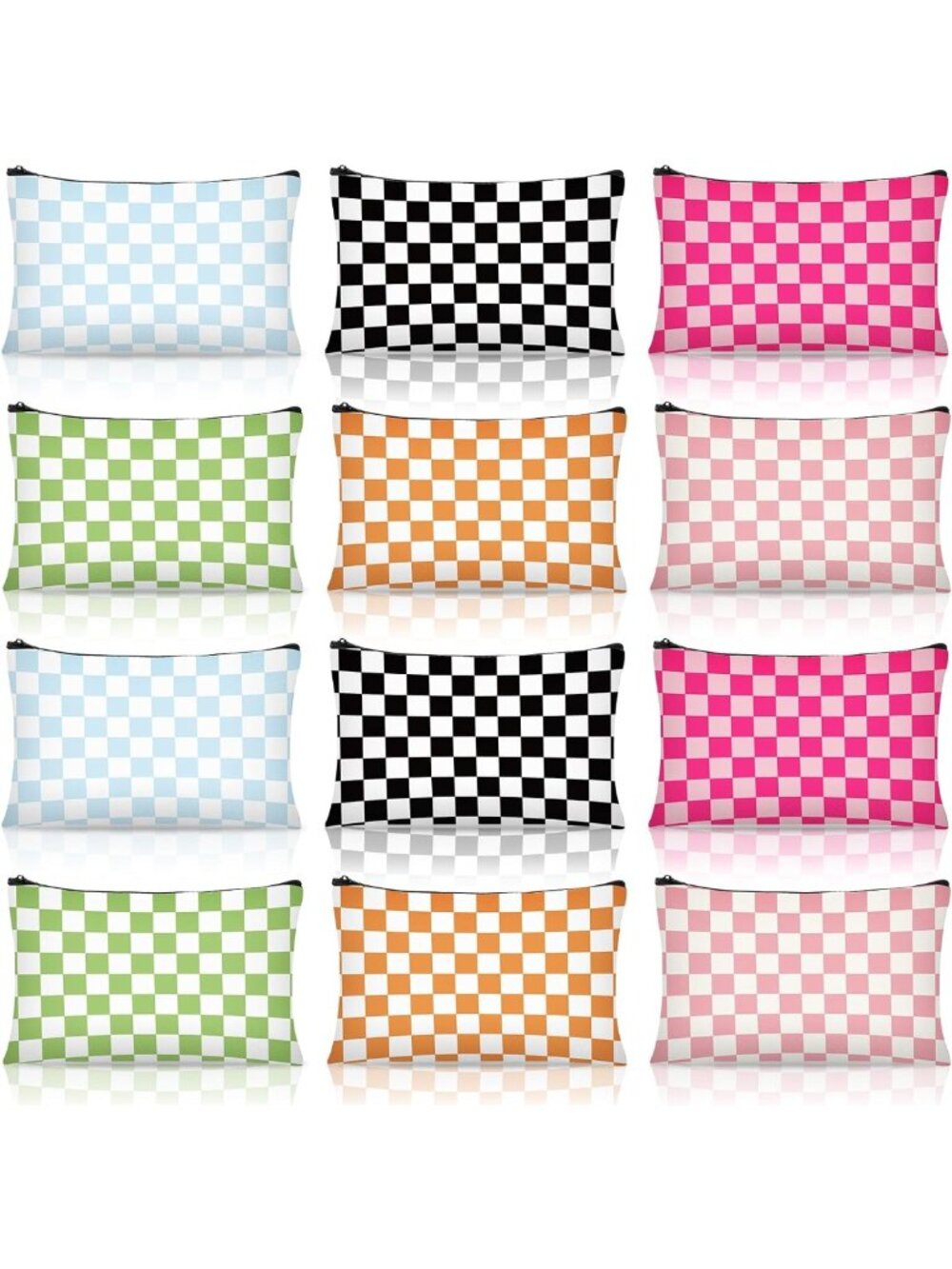 Colorful Checkered Makeup Bags - 12 Pcs Canvas Cosmetic & Toiletry Pouches
